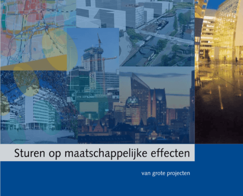 Collage van foto's van hoogbouwprojecten in Den Haag. Onder de collage staat de tekst 'Sturen op maatschappelijke effecten van grote projecten'.