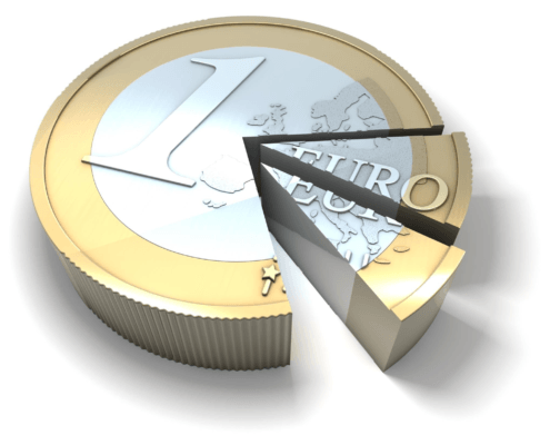 Grafische afbeelding van een euromunt waar twee taartpunten uit zijn gesneden.