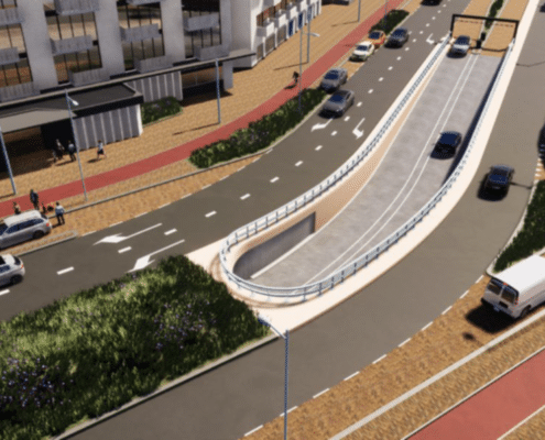 Grafische impressie van het beoogde resultaat van de aanpassing van de ongelijkvloerse kruising Gevers-Deynootweg - Zwolsestraat