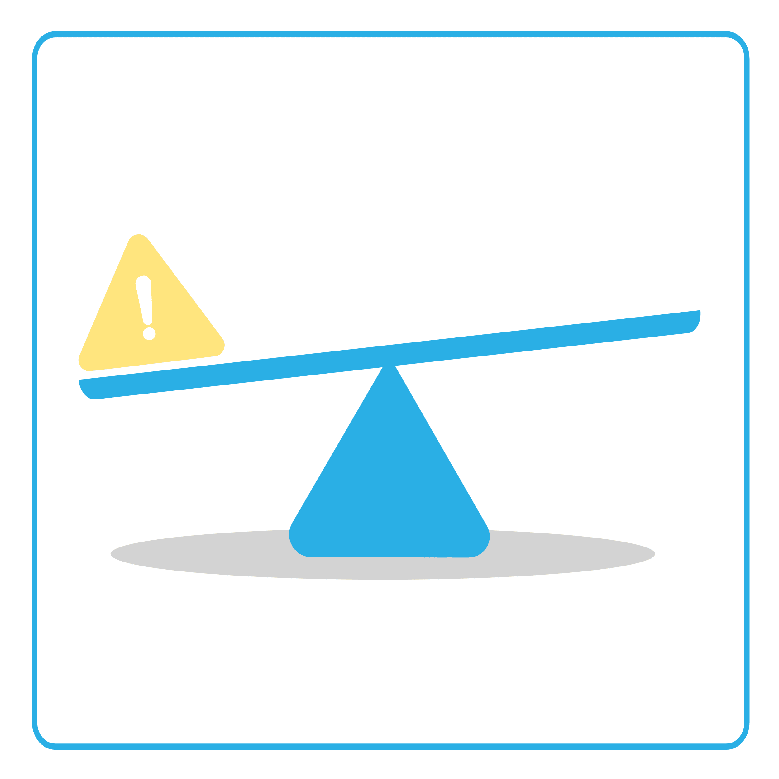 De afbeelding toont een schematische illustratie van een wip met een driehoekige steun in het midden. De wip is uit balans, waarbij de linkerkant lager is dan de rechterkant. Op de lagere kant staat een geel waarschuwingssymbool met een uitroepteken. 