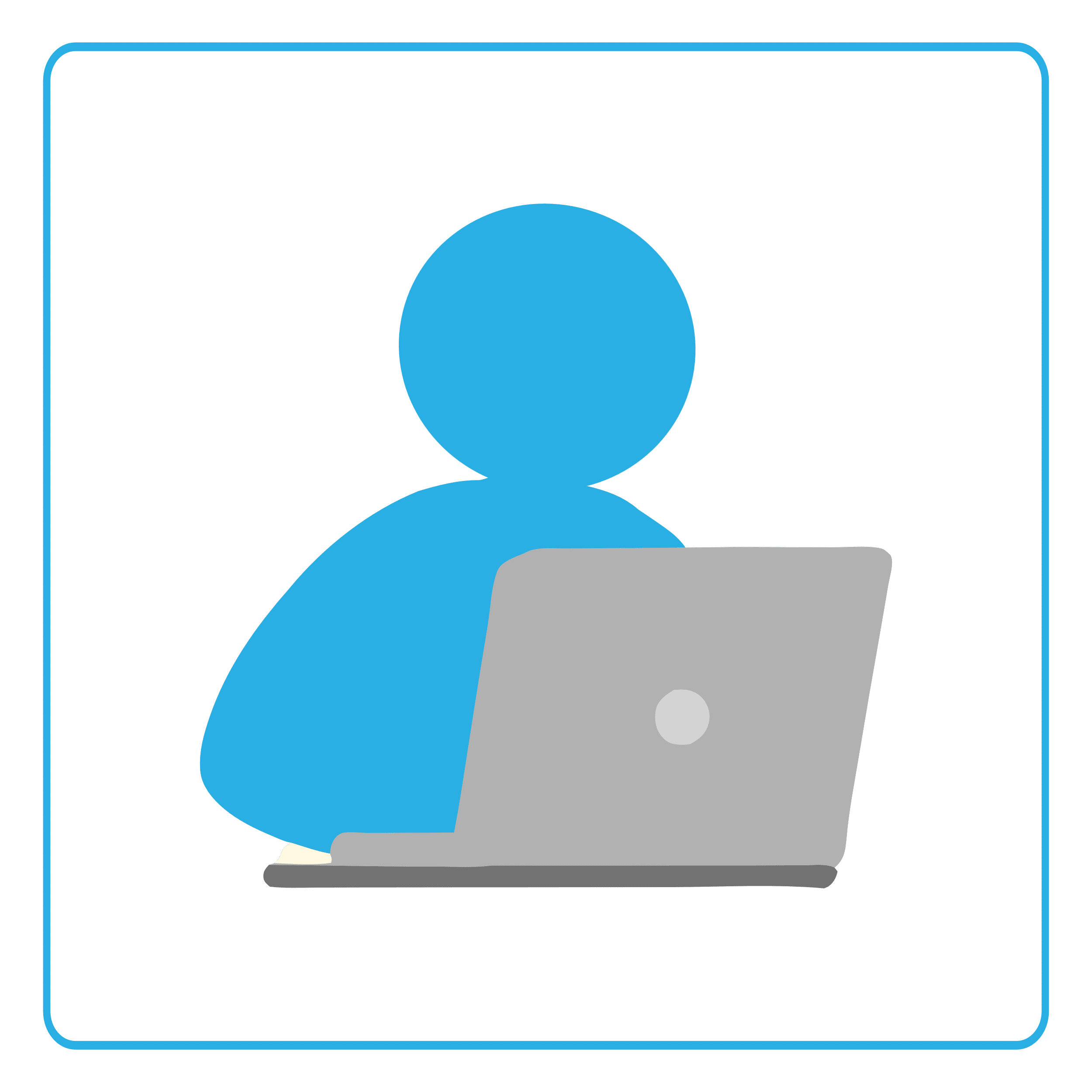 De afbeelding toont een blauw figuur dat achter een grijze laptop zit. 