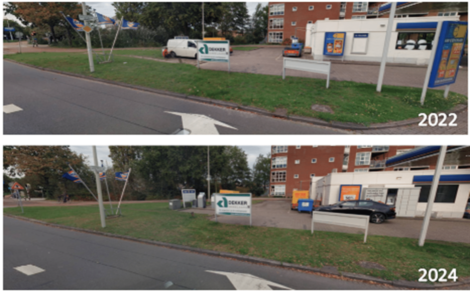 Twee straatfoto's van het gebied rond de Houtwijklaan 100, in stadsdeel Loosduinen. De foto's tonen het gebied in 2022 en 2024. Het gebied is niet veranderd in die jaren.