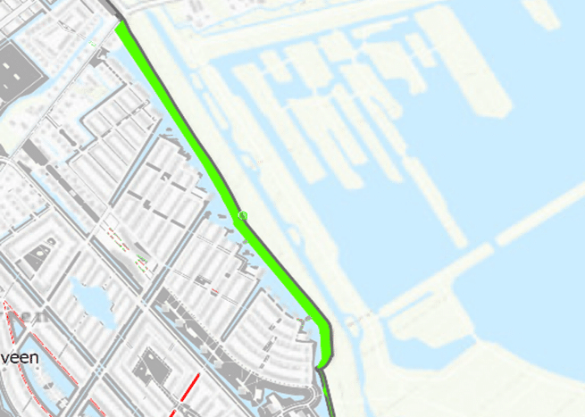 Een kaart die een deel van het stadsdeel Leidschenveen-Ypenburg toont. Een smalle strook in de kaart, de Kostverlorendijk, is groen gearceerd.