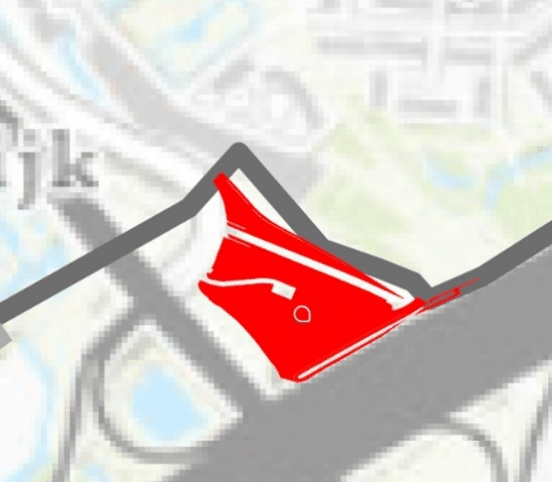Een kaart die een gedeelte van stadsdeel Leidschenveen-Ypenburg toont. Op de kaart is een gebied nabij het Forepark te zien, dit gebied is rood gearceerd.