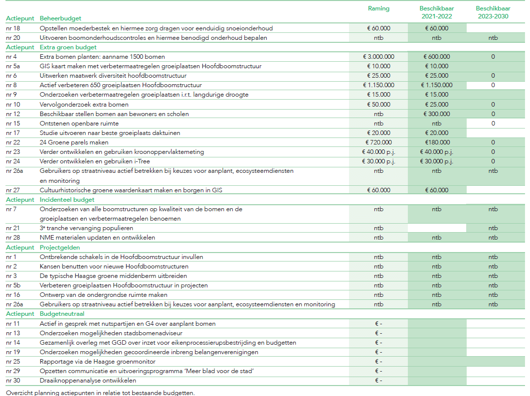 Een schermafdruk van een tabel uit de Nota Stadsbomen waarin actiepunten staan beschreven en waarin is aangegeven hoeveel er geraamd is per actiepunt en wat er in 2021-2022 aan middelen beschikbaar is