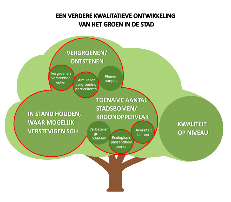 Gestileerde boom met daarin de doelen van de gemeente weergegeven. De doelen 'Vergroenen/ontstenen', 'vergroenen versteende wijken', 'stimuleren vergroening particulieren', 'in stand houden, waar mogelijk verstevigen SGH', 'toename aantal stadsbomen/kroonoppervlak', 'ecologisch passende bomen' en 'diversiteit bomen' zijn met rood omcirkeld.
