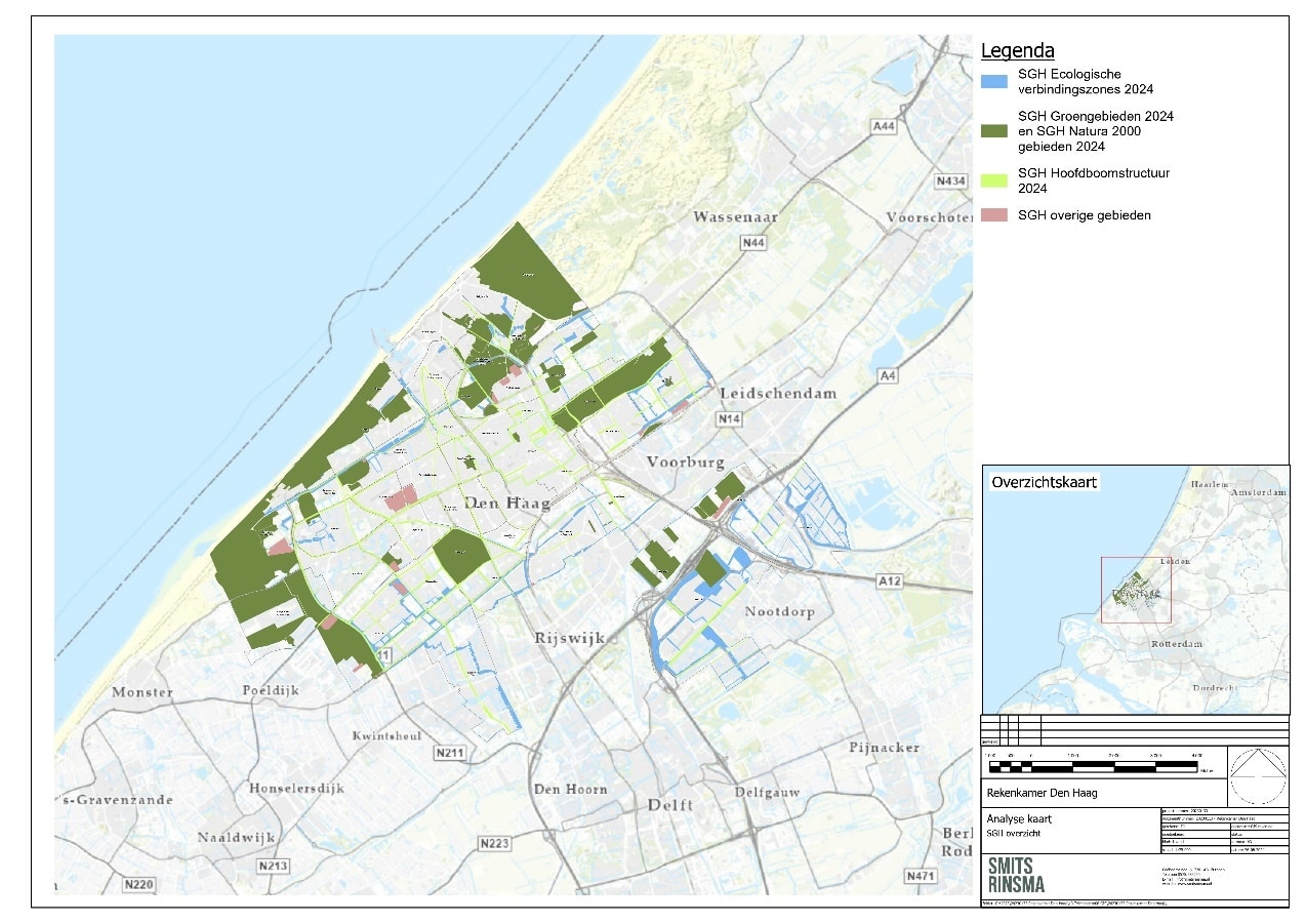 Kaart van Den Haag met daarin de verschillende onderdelen van de SGH afgebeeld, zoals deze sinds 2021 is vastgesteld.