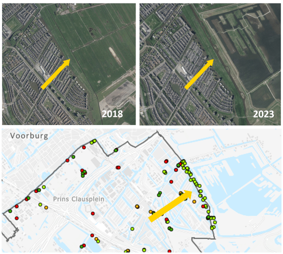 Twee luchtfoto's naast elkaar. De linker luchtfoto toont de Kostverlorendijk in 2018. De rechter luchtfoto toont de Kostverlorendijk in 2023. De dijk is in die jaren niet veranderd. Onder de luchtfoto's staat een schermafdruk van de interactieve kaart 'Vergroening openbare ruimte sinds 2021'. Op de kaart is de Kostverlorendijk weergegeven. Op de kaart is de dijk bedekt met licht groene stippen.