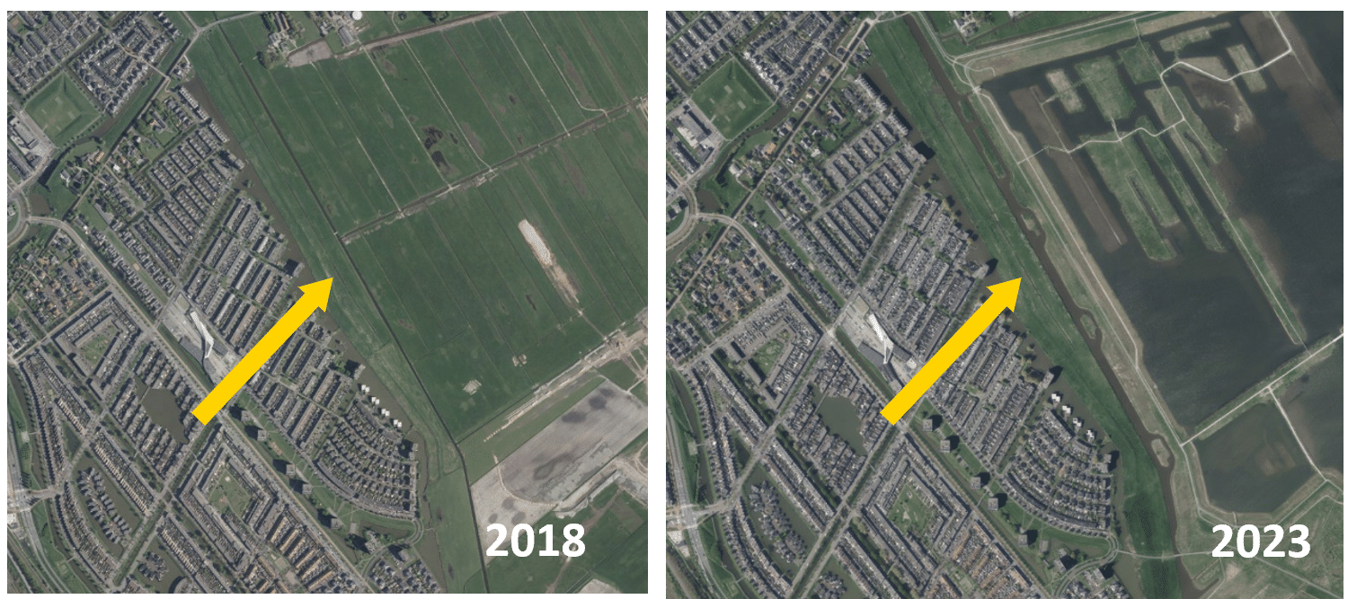 Twee luchtfoto's van een deel van stadsdeel Leidschenveen-Ypenburg. De afbeeldingen tonen de Kostverlorendijk in 2018 en in 2023. De dijk is in die jaren niet veranderd.