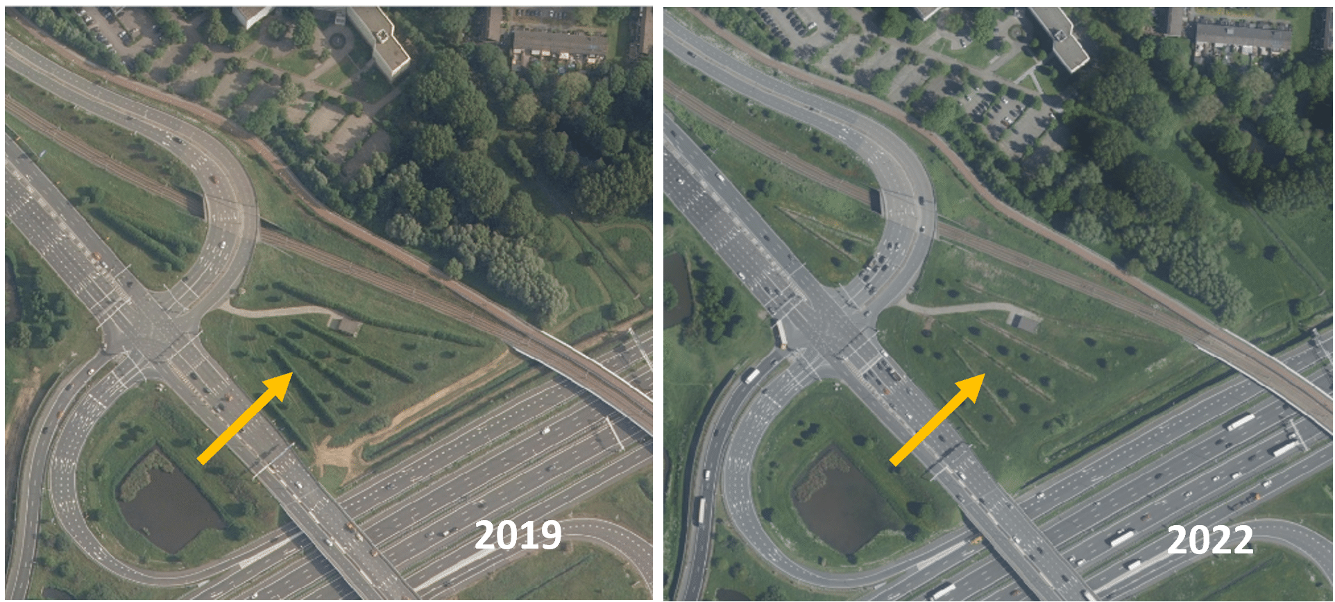 Twee luchtfoto's van een gedeelte van stadsdeel Leidschenveen-Ypenburg. De luchtfoto's tonen een gebied nabij het Forepark in 2019 en 2022. Het gebied is in die jaren niet veranderd.