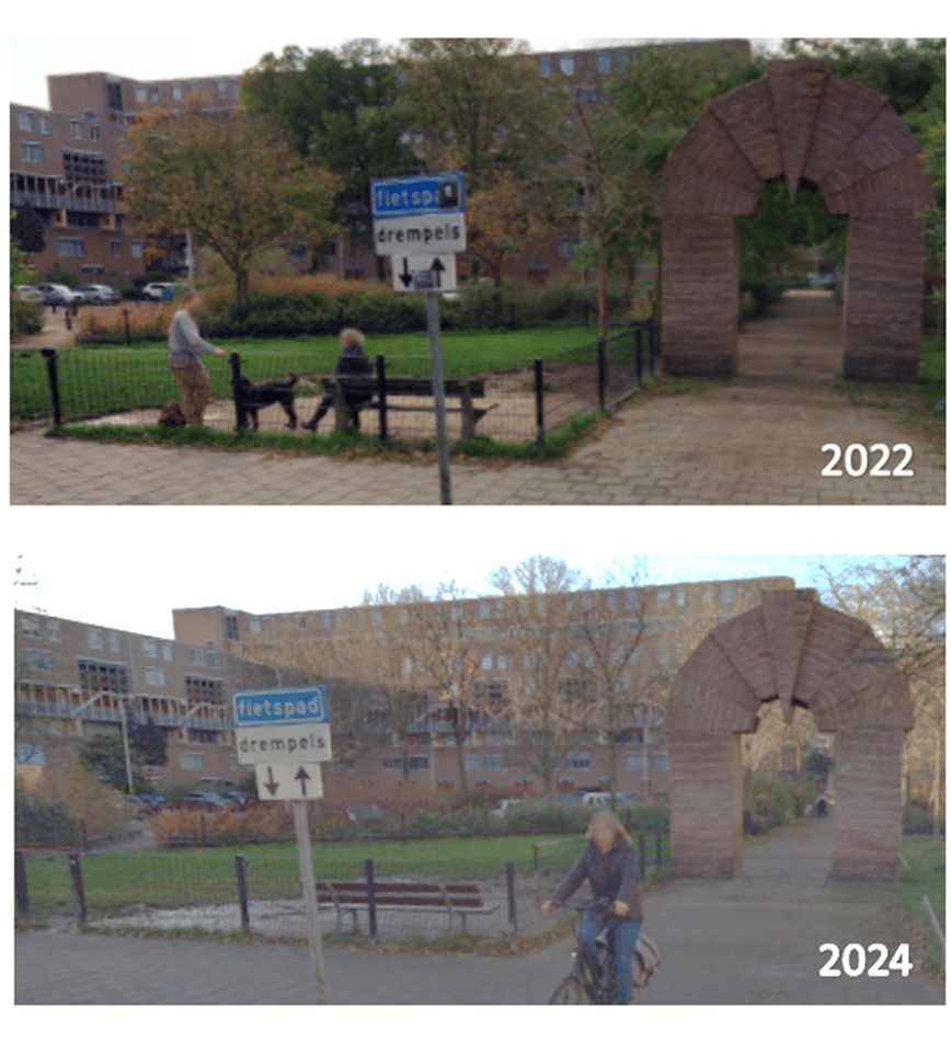 Twee straatfoto's van een gebied rond de Sirtemastraat, in stadsdeel Centrum. De foto's tonen het gebied in 2022 en 2024. Het gebied is niet veranderd in die jaren.