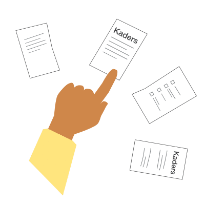 Een uitgestoken hand omringd door verschillende documenten. Op de documenten staat 'Kaders'. De hand wijst op één van de documenten.